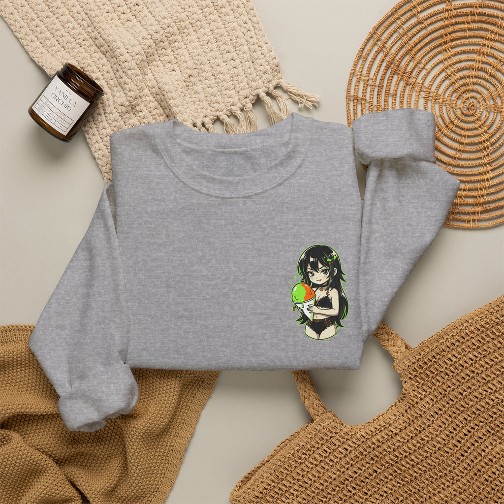Girl Holding Melon Illustration Crewneck Sweatshirt | Cute Kawaii Fruit Art