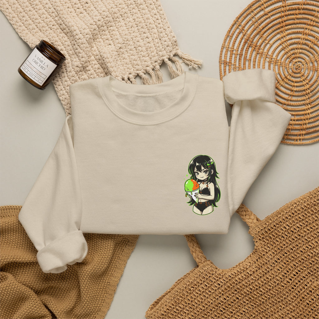 Girl Holding Melon Illustration Crewneck Sweatshirt | Cute Kawaii Fruit Art