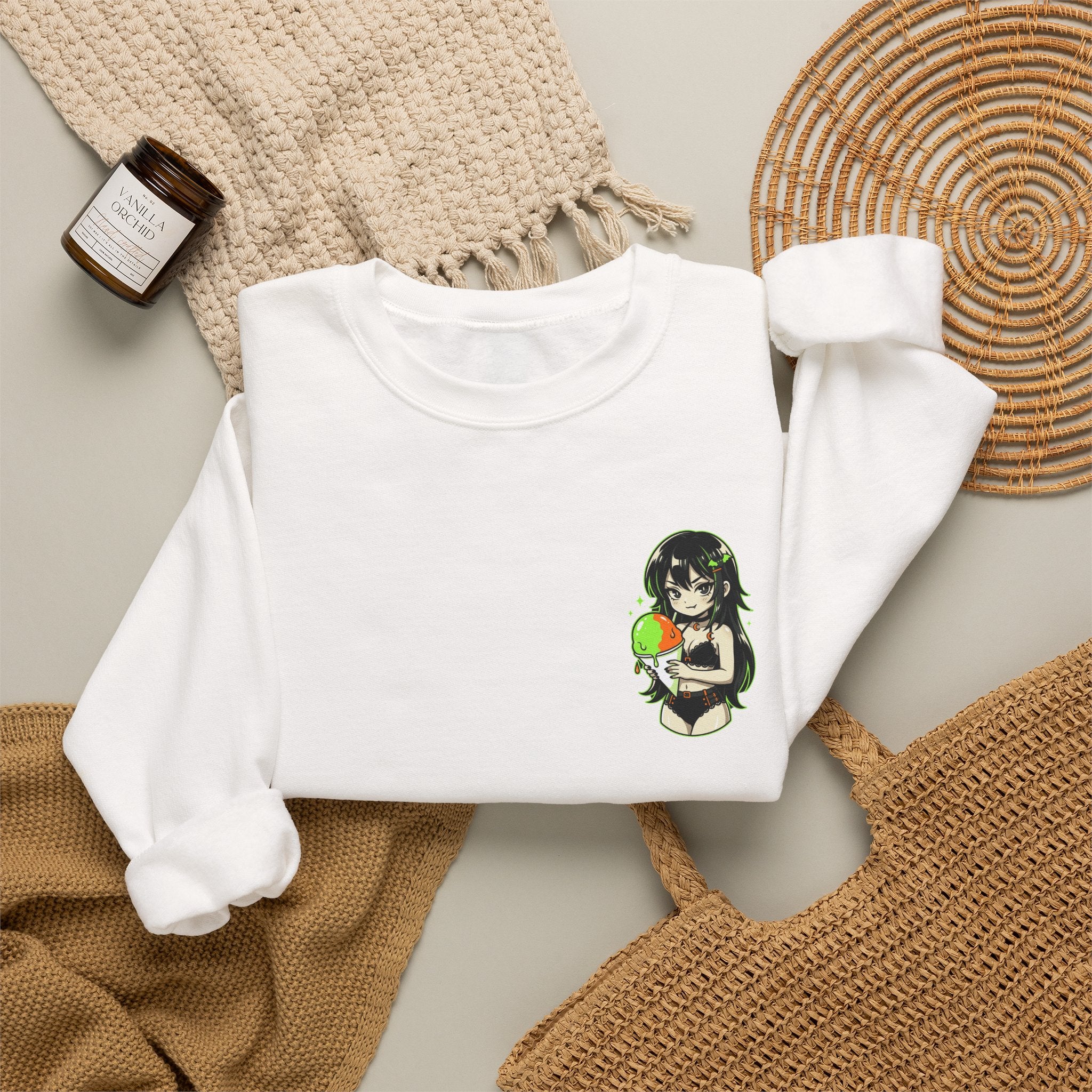 Girl Holding Melon Illustration Crewneck Sweatshirt | Cute Kawaii Fruit Art