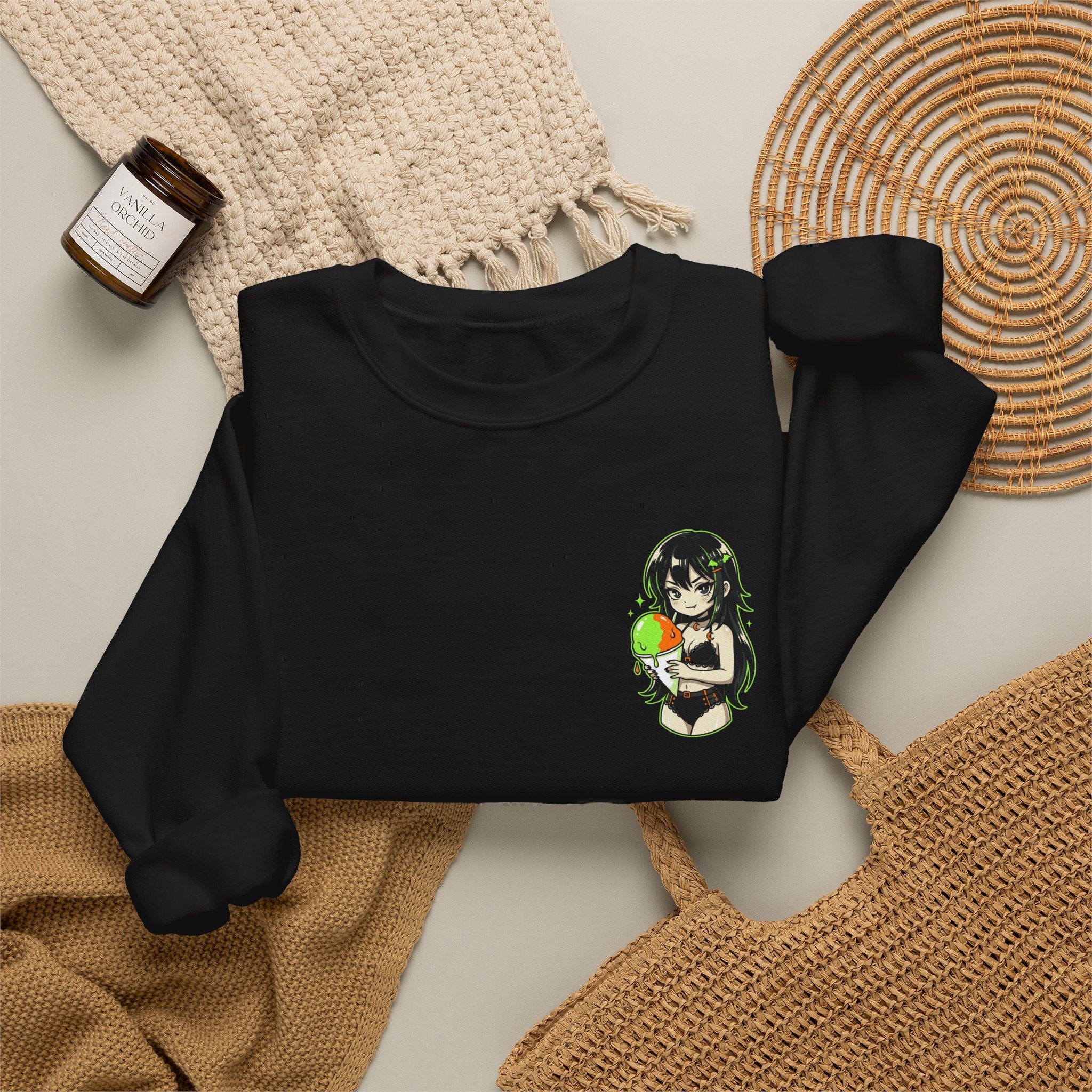 Girl Holding Melon Illustration Crewneck Sweatshirt | Cute Kawaii Fruit Art